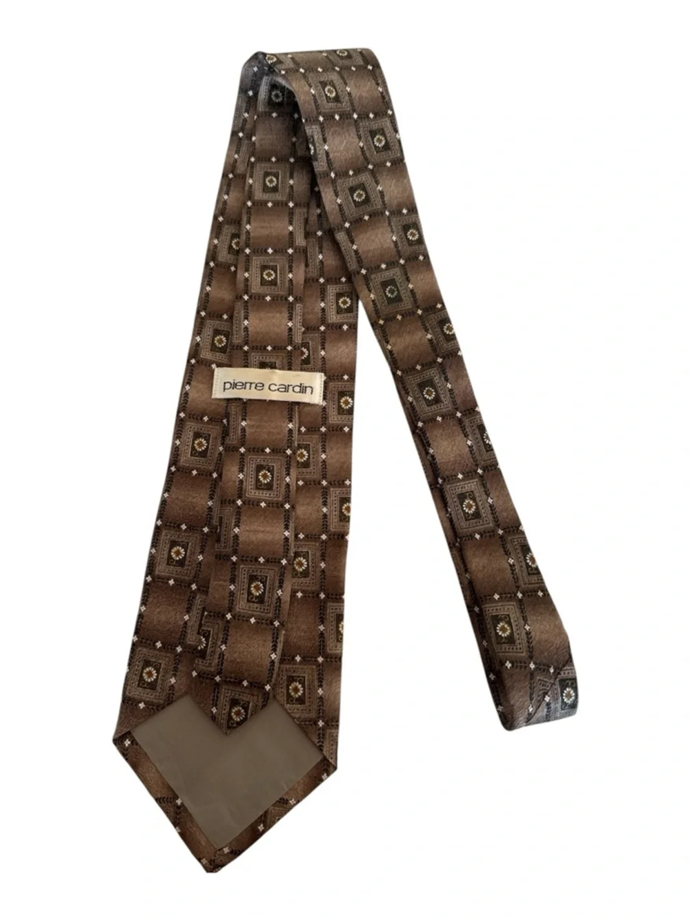 Pierre Cardin Silk Tie Brown Geometric Daisy Medallion Necktie‎ Classic Designer
